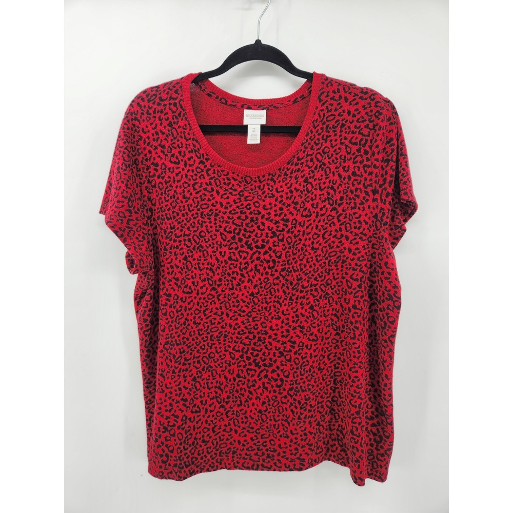 Weekends by Chico's Red Black Animal Print Knit Short Sleeve Top Size 2 /‎ US L